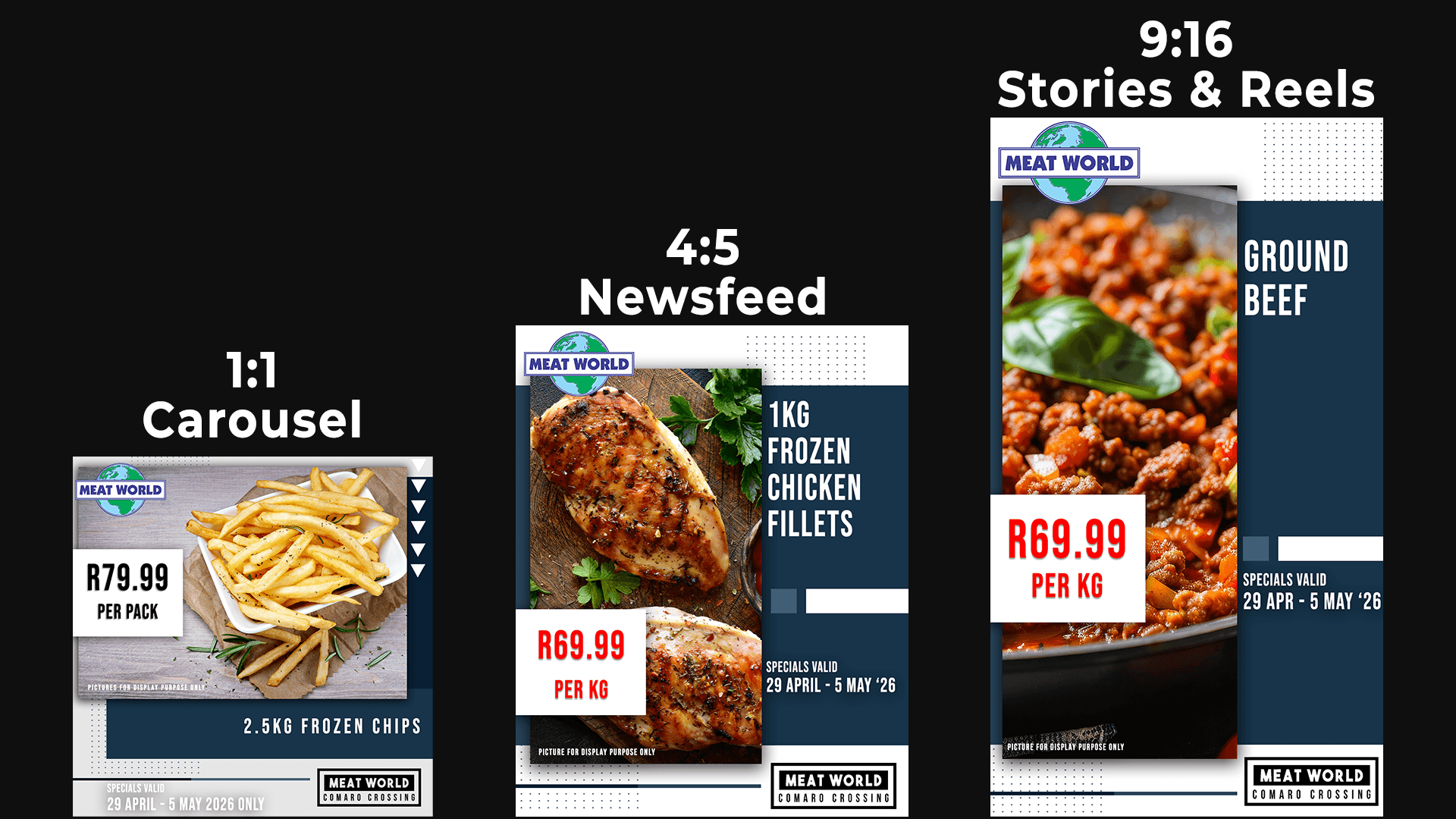Weekly specials creatives in 1:1, 4:5, and 9:16 formats