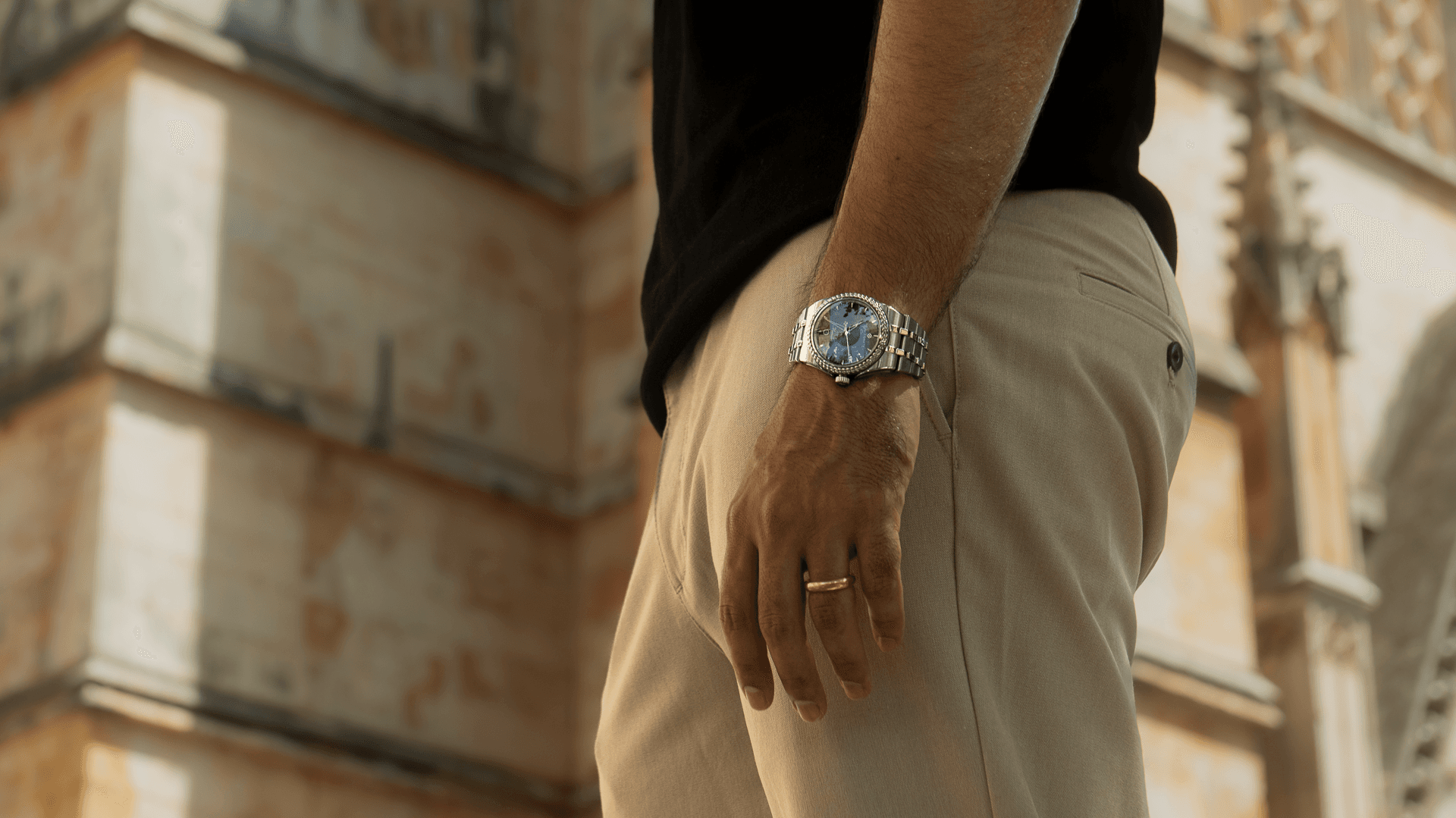 Monserrate watch on wrist at cathedral